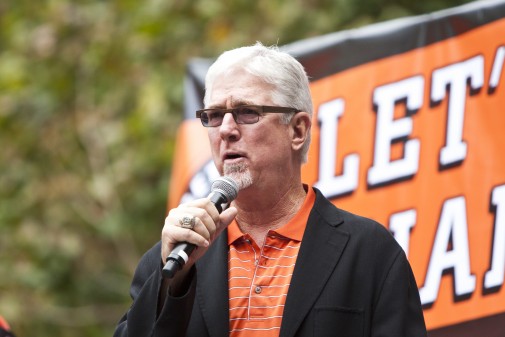 Giants broadcaster Mike Krukow addressed a screaming crowd during the Giants playoff rally in Willie Mays Plaza Friday afternoon