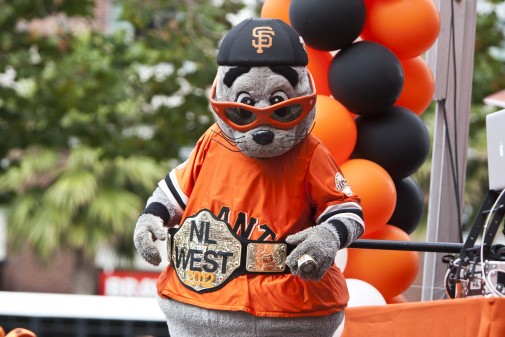Giants mascot Lou Seal pumped up the crowd during the Giants playoff rally in Willie Mays Plaza Friday afternoon