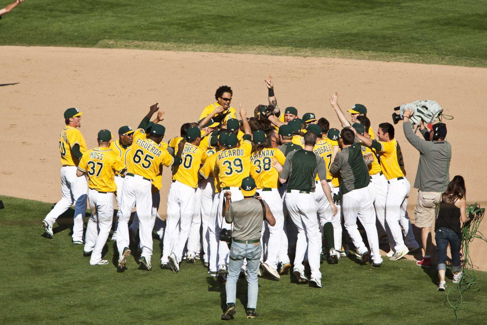 The Oakland A's celebrate after winning 2012 American League West. (Ali Thanawalla/SFBay)