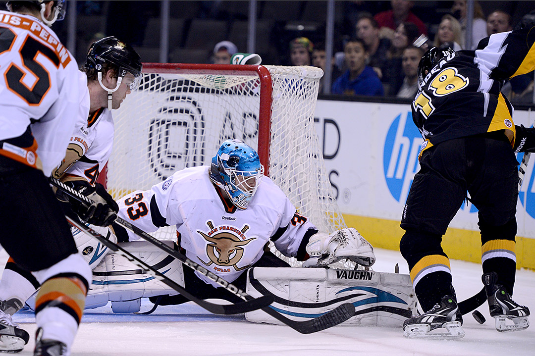 Bulls Goalie Thomas Heemskerk (33) blocks a shot by Thunder's Yannick Riendeau in the first period as the SF Bulls face the Stockton Thunder at the HP Pavilion in San Jose, Calif