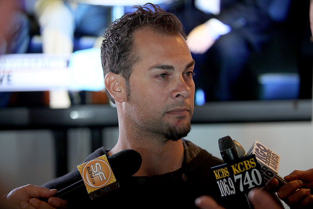 Giants' pitcher Ryan Vogelsong speaks to the media as the San Francisco Giants players and coaches kick off Fan Fest at AT&T Park in San Francisco, Calif., on Friday, February 8, 2013. (Scot Tucker/SFBay)